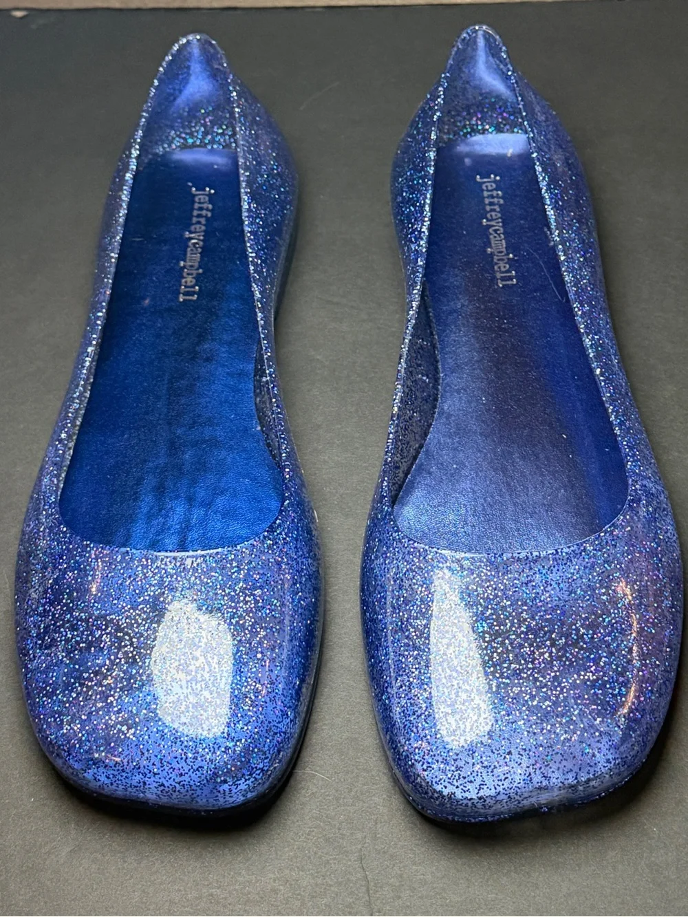 Jeffrey Campbell Blue Glitter Jelly Ballet Flats Square Toe Summer Shoes Size 10